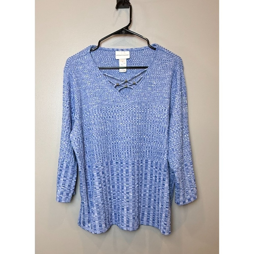 Alfred Dunner Women's Blue Textured Knit Tunic Top Size Large Lace-Up Neck 3/4 S